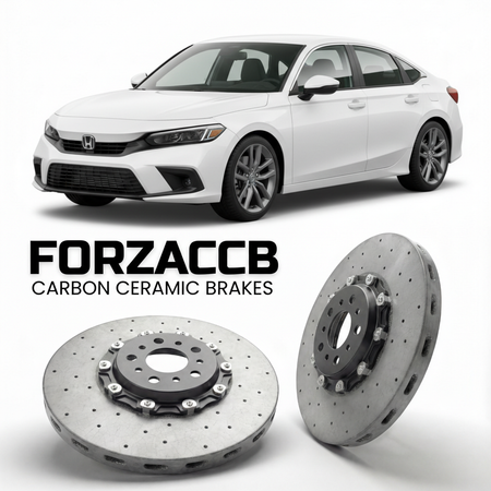 ForzaCCB direct OEM replacement carbon ceramic brake rotors for 2022 and newer Honda Civic FE2, FL1 models, shown with a white Honda Civic car.