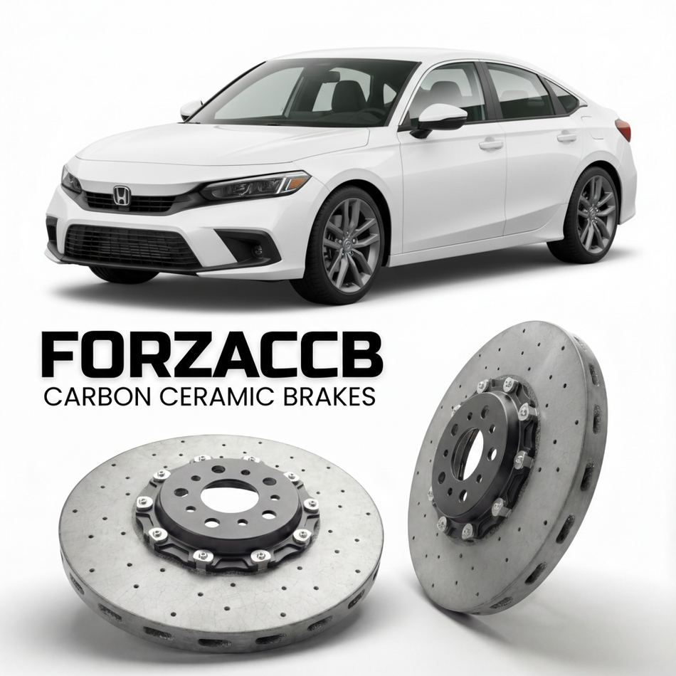 ForzaCCB direct OEM replacement carbon ceramic brake rotors for 2022 and newer Honda Civic FE2, FL1 models, shown with a white Honda Civic car.