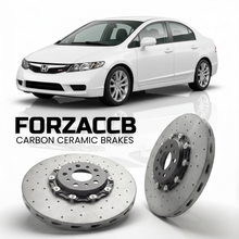 ForzaCCB direct OEM replacement carbon ceramic brake rotors for 2010 to 2011 Honda Civic Si FA5, FG2 models, shown with a white Honda Civic Si car.