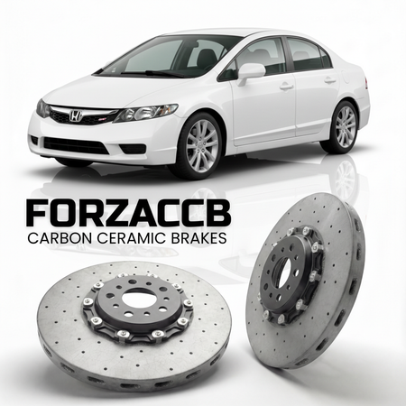 ForzaCCB direct OEM replacement carbon ceramic brake rotors for 2010 to 2011 Honda Civic Si FA5, FG2 models, shown with a white Honda Civic Si car.