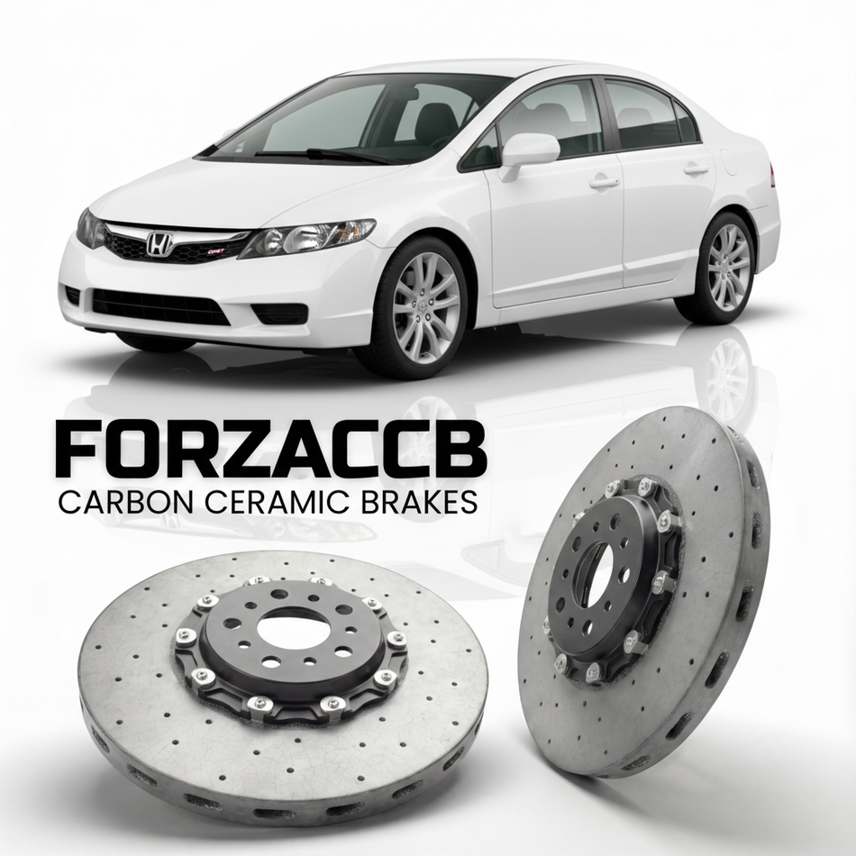 ForzaCCB direct OEM replacement carbon ceramic brake rotors for 2010 to 2011 Honda Civic Si FA5, FG2 models, shown with a white Honda Civic Si car.