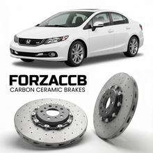 ForzaCCB direct OEM replacement carbon ceramic brake rotors for 2012 to 2015 Honda Civic Si FB6, FG4 models, shown with a white Honda Civic Si car.