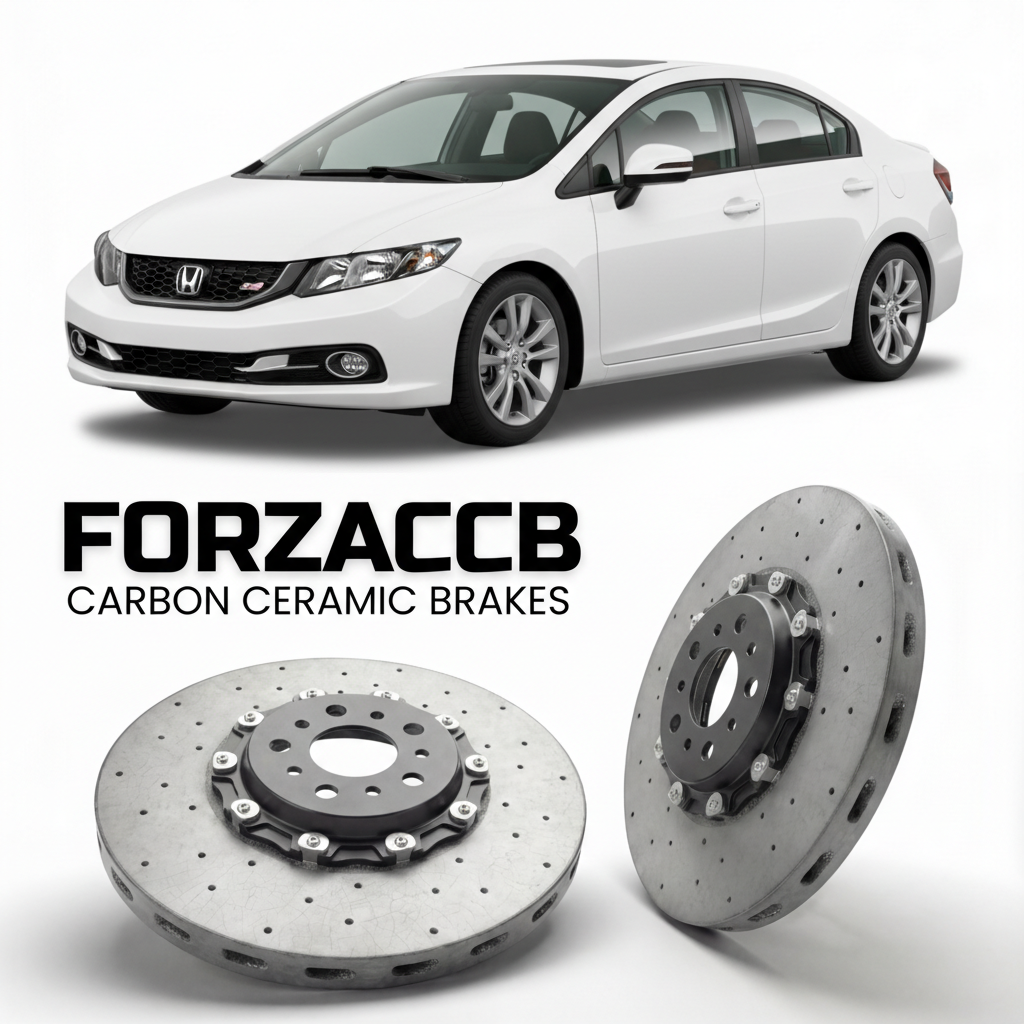 ForzaCCB direct OEM replacement carbon ceramic brake rotors for 2012 to 2015 Honda Civic Si FB6, FG4 models, shown with a white Honda Civic Si car.
