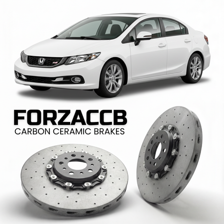 ForzaCCB direct OEM replacement carbon ceramic brake rotors for 2012 to 2015 Honda Civic Si FB6, FG4 models, shown with a white Honda Civic Si car.