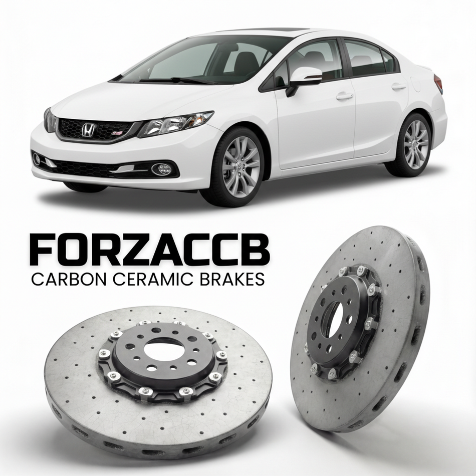 ForzaCCB direct OEM replacement carbon ceramic brake rotors for 2012 to 2015 Honda Civic Si FB6, FG4 models, shown with a white Honda Civic Si car.