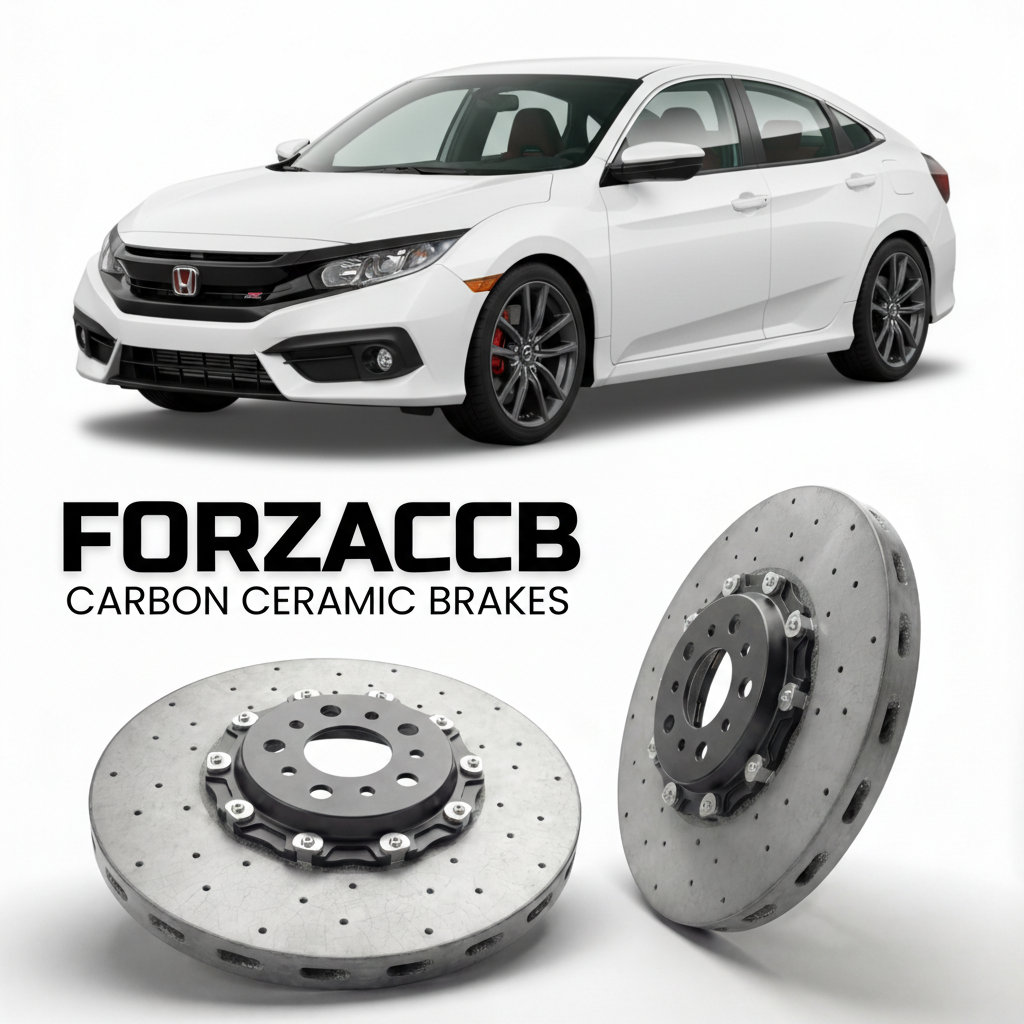 ForzaCCB direct OEM replacement carbon ceramic brake rotors for 2017 to 2020 Honda Civic Si FC1, FC3 models, shown with a white Honda Civic Si car.