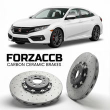 ForzaCCB direct OEM replacement carbon ceramic brake rotors for 2017 to 2020 Honda Civic Si FC1, FC3 models, shown with a white Honda Civic Si car.