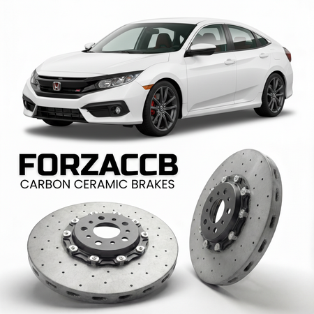 ForzaCCB direct OEM replacement carbon ceramic brake rotors for 2017 to 2020 Honda Civic Si FC1, FC3 models, shown with a white Honda Civic Si car.