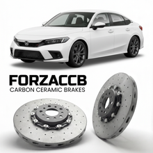 ForzaCCB direct OEM replacement carbon ceramic brake rotors for 2022 and newer Honda Civic Si FE1 models, shown with a white Honda Civic Si car.