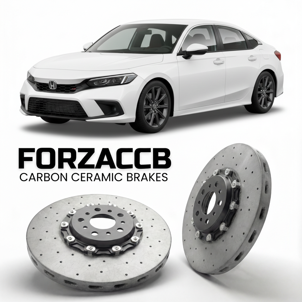 ForzaCCB direct OEM replacement carbon ceramic brake rotors for 2022 and newer Honda Civic Si FE1 models, shown with a white Honda Civic Si car.