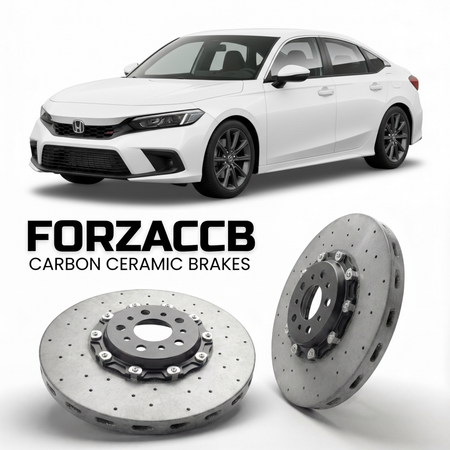 ForzaCCB direct OEM replacement carbon ceramic brake rotors for 2022 and newer Honda Civic Si FE1 models, shown with a white Honda Civic Si car.
