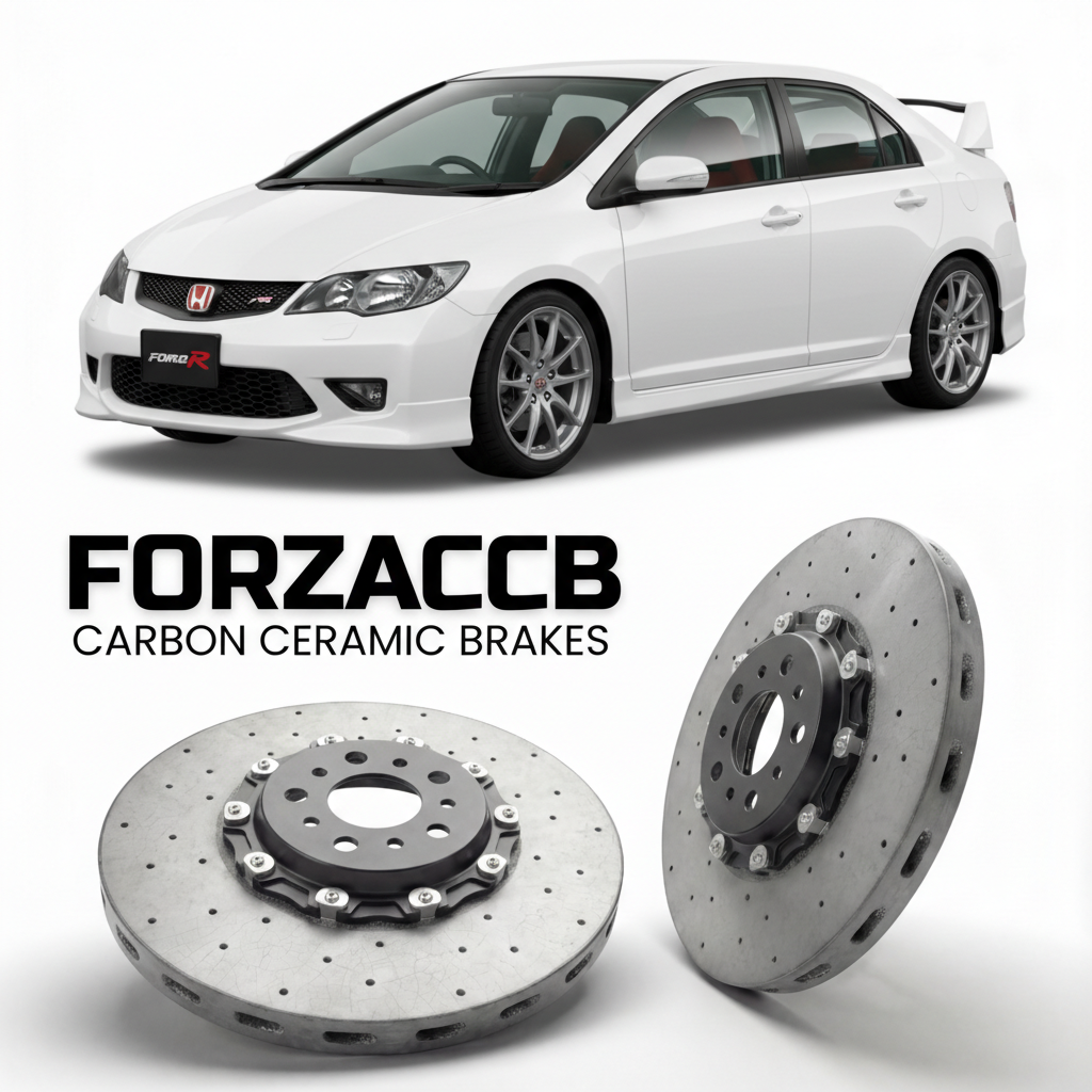 ForzaCCB direct OEM replacement carbon ceramic brake rotors for 2007 to 2011 Honda Civic Type R FD2 models, shown with a white Honda Civic Type R car.