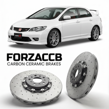 ForzaCCB direct OEM replacement carbon ceramic brake rotors for 2007 to 2011 Honda Civic Type R FD2 models, shown with a white Honda Civic Type R car.
