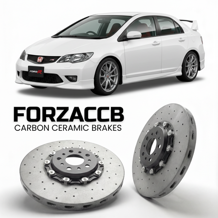 ForzaCCB direct OEM replacement carbon ceramic brake rotors for 2007 to 2011 Honda Civic Type R FD2 models, shown with a white Honda Civic Type R car.