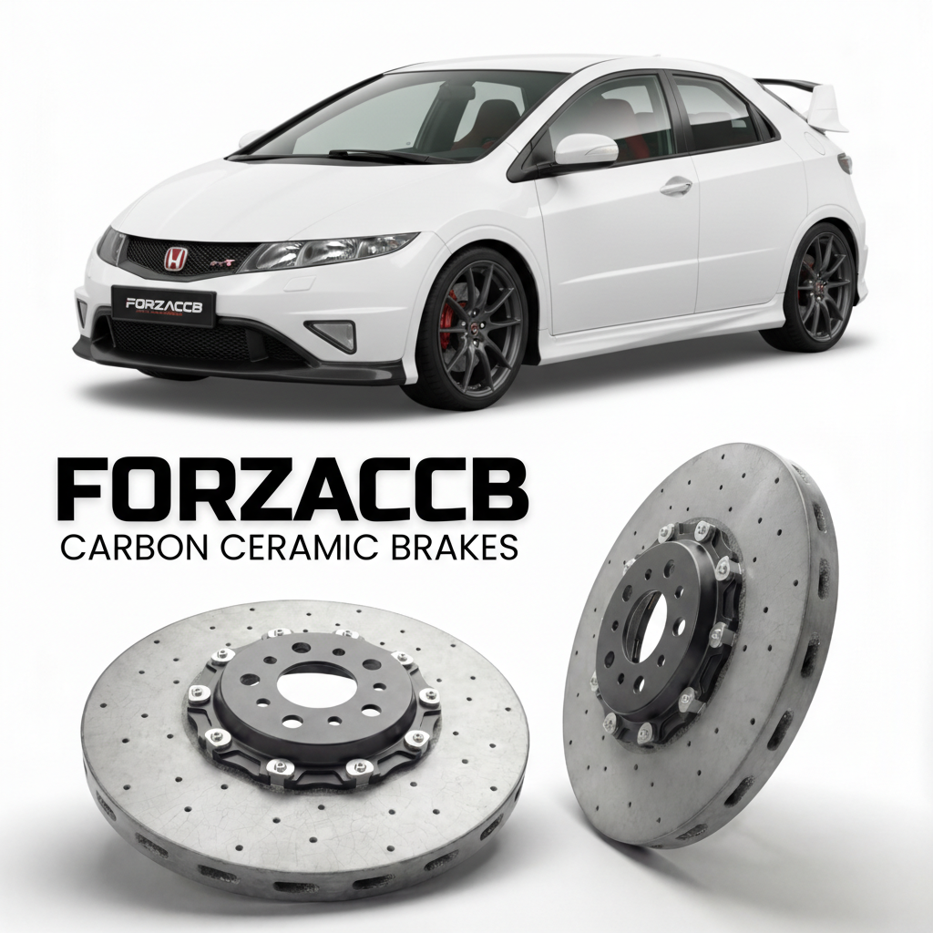 ForzaCCB direct OEM replacement carbon ceramic brake rotors for 2007 to 2011 Honda Civic Type R FN2 models, shown with a white Honda Civic Type R car.