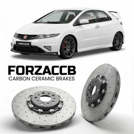 ForzaCCB direct OEM replacement carbon ceramic brake rotors for 2007 to 2011 Honda Civic Type R FN2 models, shown with a white Honda Civic Type R car.