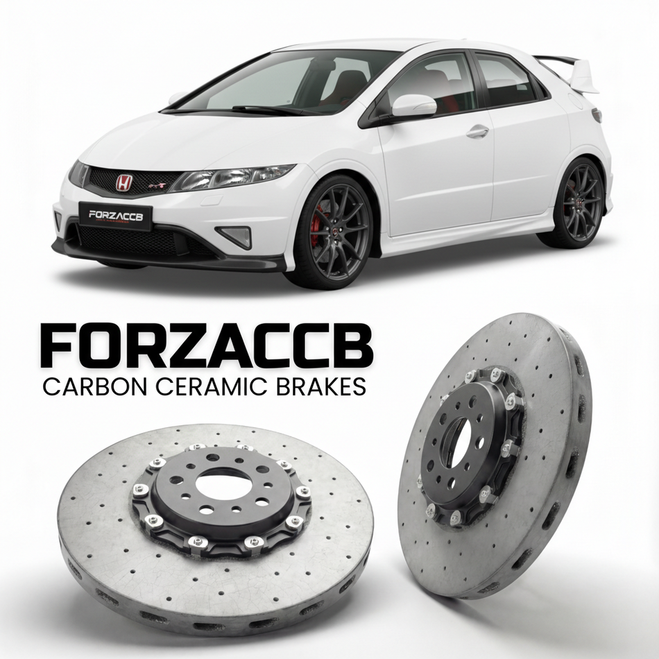 ForzaCCB direct OEM replacement carbon ceramic brake rotors for 2007 to 2011 Honda Civic Type R FN2 models, shown with a white Honda Civic Type R car.