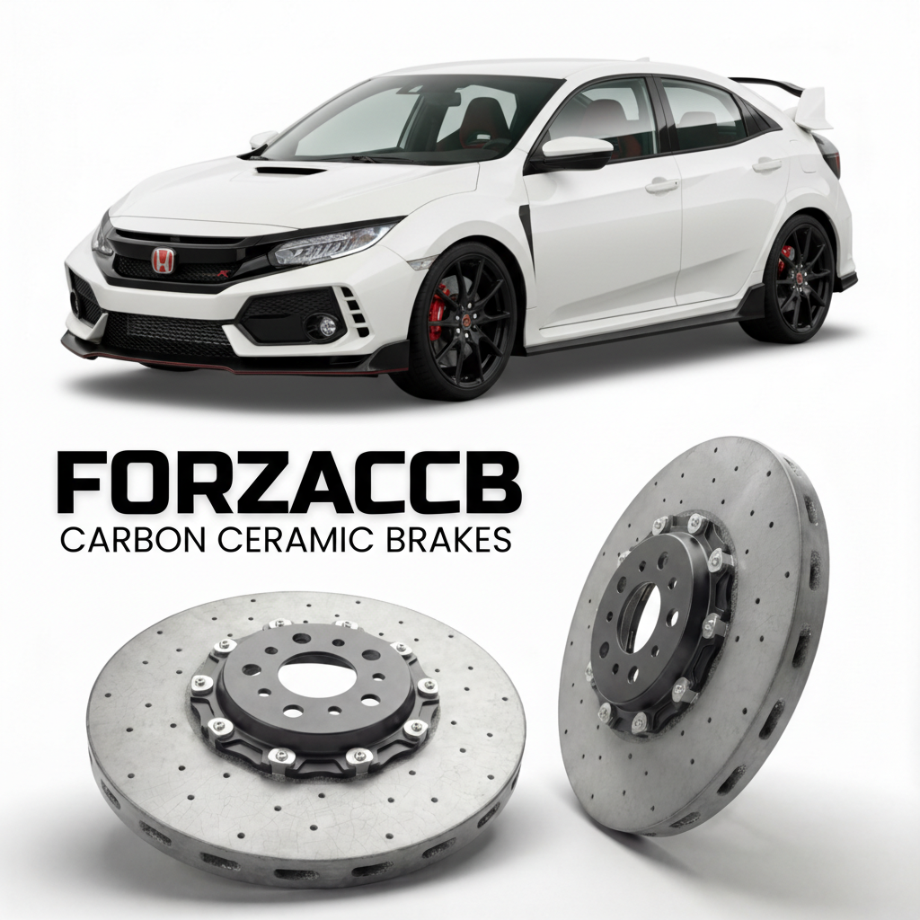 ForzaCCB direct OEM replacement carbon ceramic brake rotors for 2015 to 2017 Honda Civic Type R FK2 models, shown with a white Honda Civic Type R car.