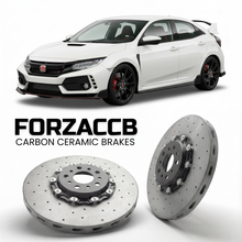 ForzaCCB direct OEM replacement carbon ceramic brake rotors for 2015 to 2017 Honda Civic Type R FK2 models, shown with a white Honda Civic Type R car.