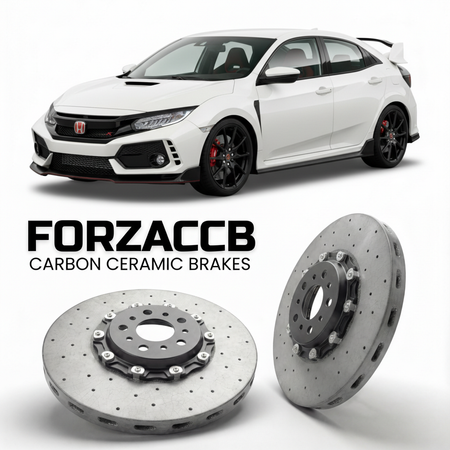 ForzaCCB direct OEM replacement carbon ceramic brake rotors for 2015 to 2017 Honda Civic Type R FK2 models, shown with a white Honda Civic Type R car.