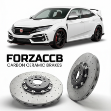 ForzaCCB direct OEM replacement carbon ceramic brake rotors for 2017 to 2021 Honda Civic Type R FK8 models, shown with a white Honda Civic Type R car.