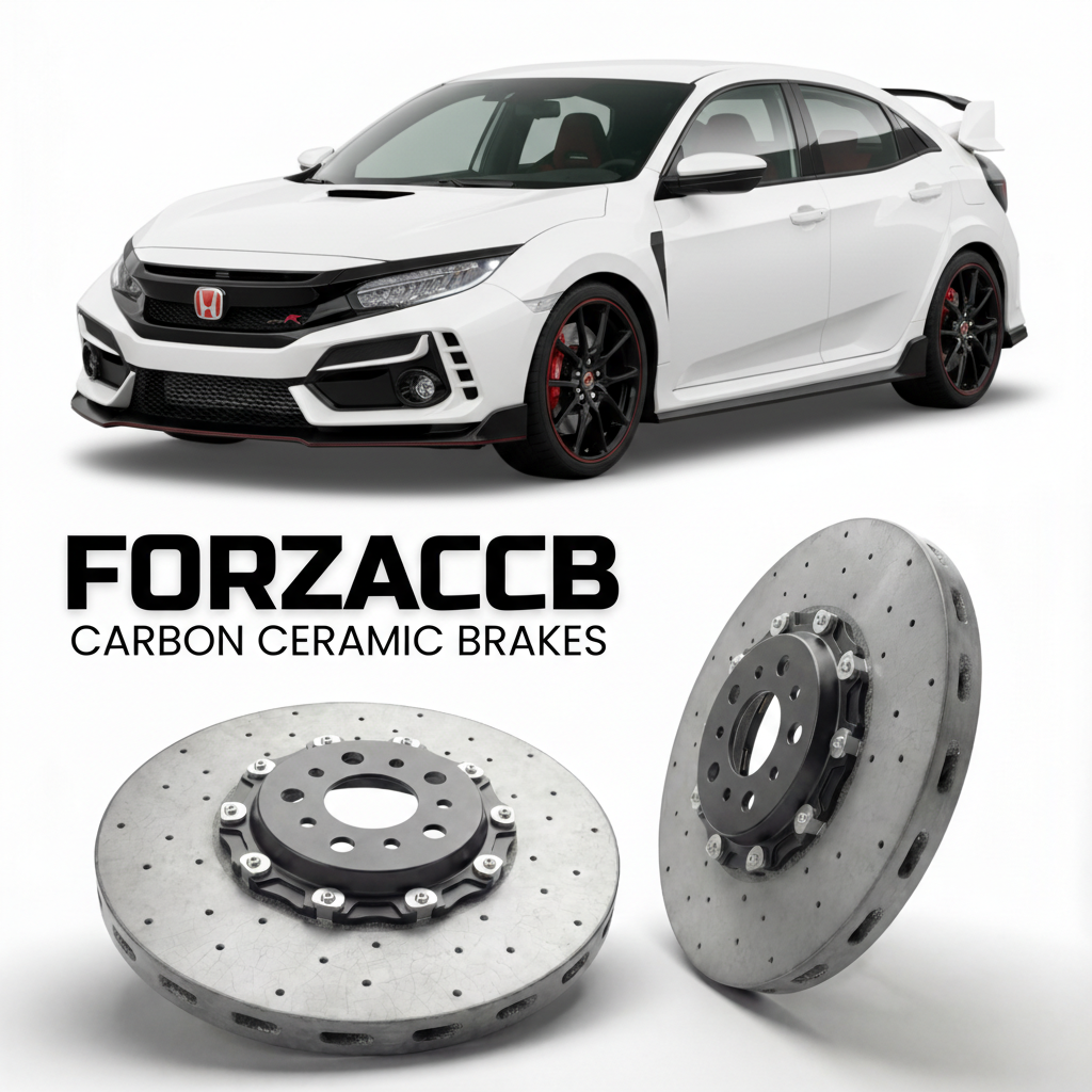 ForzaCCB direct OEM replacement carbon ceramic brake rotors for 2017 to 2021 Honda Civic Type R FK8 models, shown with a white Honda Civic Type R car.