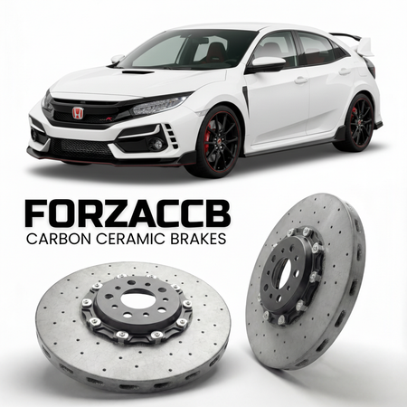 ForzaCCB direct OEM replacement carbon ceramic brake rotors for 2017 to 2021 Honda Civic Type R FK8 models, shown with a white Honda Civic Type R car.