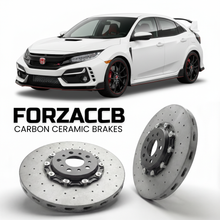 ForzaCCB direct OEM replacement carbon ceramic brake rotors for 2022 and newer Honda Civic Type R FL5 models, shown with a white Honda Civic Type R car.
