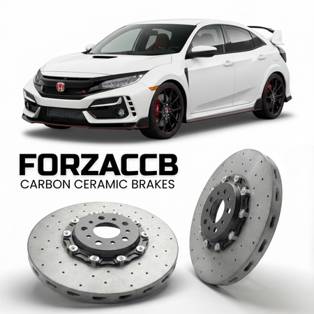 ForzaCCB direct OEM replacement carbon ceramic brake rotors for 2022 and newer Honda Civic Type R FL5 models, shown with a white Honda Civic Type R car.