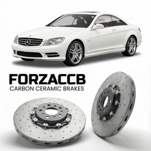 ForzaCCB direct OEM replacement carbon ceramic brake rotors for 2006 to 2014 Mercedes-Benz CL 550 Coupé C216 models, shown with a white Mercedes-Benz CL 550 Coupé car.