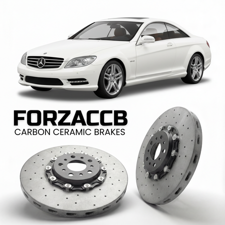 ForzaCCB direct OEM replacement carbon ceramic brake rotors for 2006 to 2014 Mercedes-Benz CL 550 Coupé C216 models, shown with a white Mercedes-Benz CL 550 Coupé car.