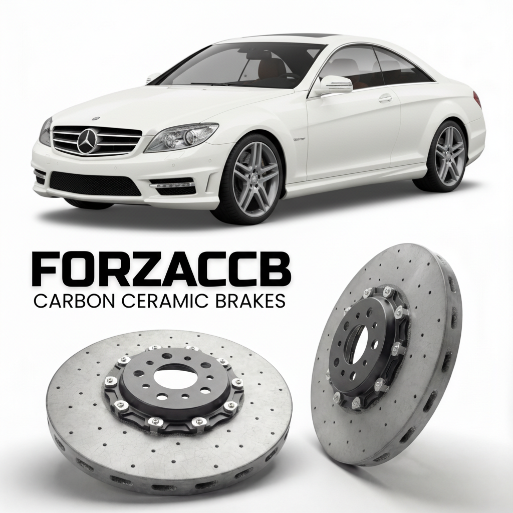 ForzaCCB direct OEM replacement carbon ceramic brake rotors for 2007 to 2014 Mercedes-Benz CL 63 / 65 AMG C216 models, shown with a white Mercedes-Benz CL 63 / 65 AMG car.