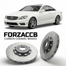 ForzaCCB direct OEM replacement carbon ceramic brake rotors for 2007 to 2014 Mercedes-Benz CL 63 / 65 AMG C216 models, shown with a white Mercedes-Benz CL 63 / 65 AMG car.