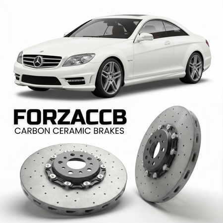 ForzaCCB direct OEM replacement carbon ceramic brake rotors for 2007 to 2014 Mercedes-Benz CL 63 / 65 AMG C216 models, shown with a white Mercedes-Benz CL 63 / 65 AMG car.