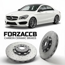 ForzaCCB direct OEM replacement carbon ceramic brake rotors for 2013 to 2019 Mercedes-Benz CLA 45 AMG C117 models, shown with a white Mercedes-Benz CLA 45 AMG car.