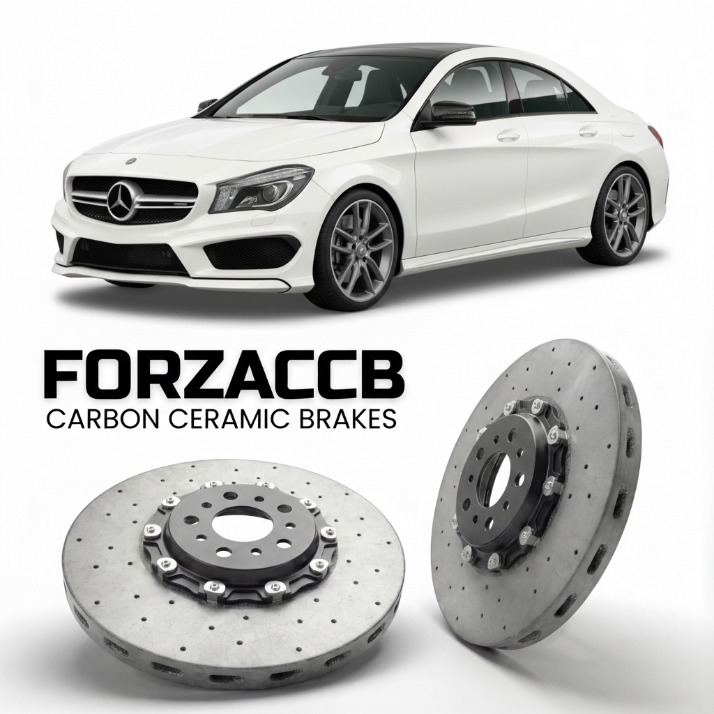 ForzaCCB direct OEM replacement carbon ceramic brake rotors for 2013 to 2019 Mercedes-Benz CLA 45 AMG C117 models, shown with a white Mercedes-Benz CLA 45 AMG car.