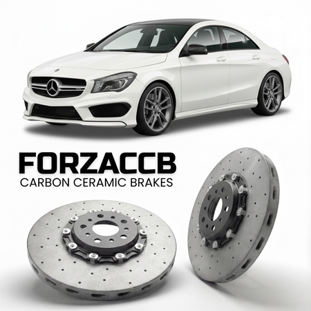 ForzaCCB direct OEM replacement carbon ceramic brake rotors for 2013 to 2019 Mercedes-Benz CLA 45 AMG C117 models, shown with a white Mercedes-Benz CLA 45 AMG car.