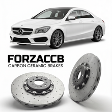 ForzaCCB direct OEM replacement carbon ceramic brake rotors for 2013 to 2019 Mercedes-Benz CLA-Class C117 models, shown with a white Mercedes-Benz CLA-Class car.