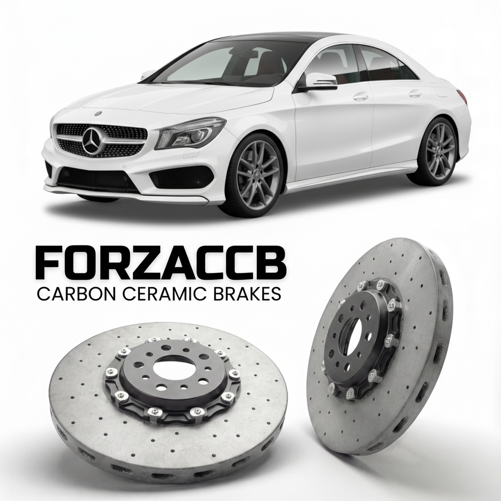 ForzaCCB direct OEM replacement carbon ceramic brake rotors for 2013 to 2019 Mercedes-Benz CLA-Class C117 models, shown with a white Mercedes-Benz CLA-Class car.