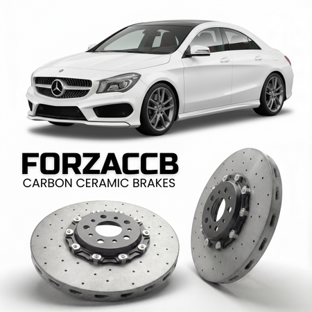 ForzaCCB direct OEM replacement carbon ceramic brake rotors for 2013 to 2019 Mercedes-Benz CLA-Class C117 models, shown with a white Mercedes-Benz CLA-Class car.