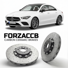 ForzaCCB direct OEM replacement carbon ceramic brake rotors for 2019- Mercedes-Benz CLA-Class C118 models, shown with a white Mercedes-Benz CLA-Class car.
