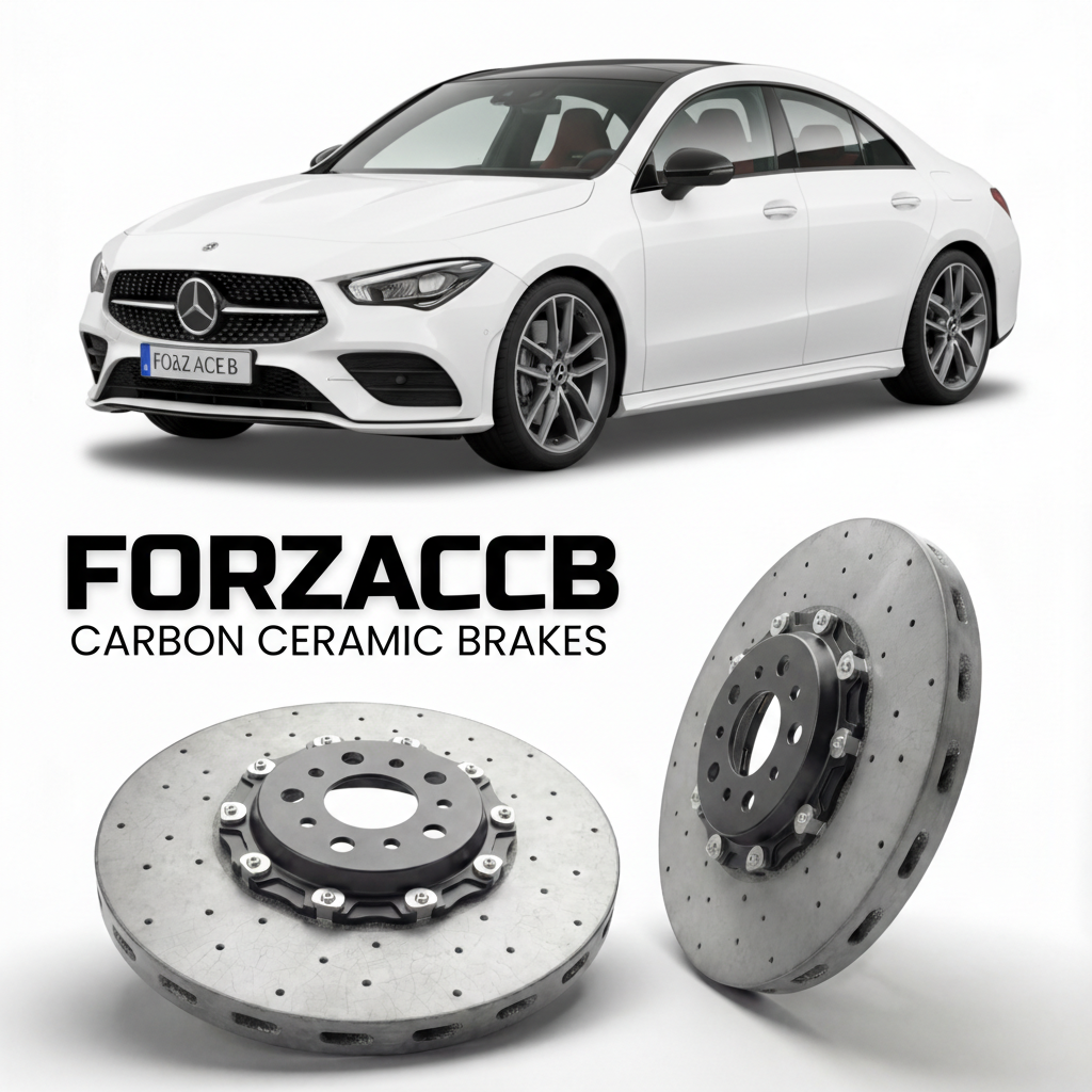 ForzaCCB direct OEM replacement carbon ceramic brake rotors for 2019- Mercedes-Benz CLA-Class C118 models, shown with a white Mercedes-Benz CLA-Class car.
