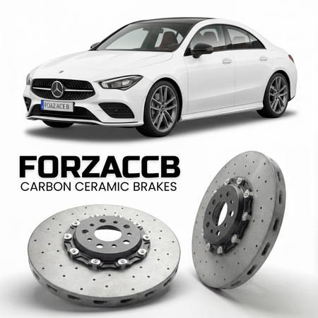 ForzaCCB direct OEM replacement carbon ceramic brake rotors for 2019- Mercedes-Benz CLA-Class C118 models, shown with a white Mercedes-Benz CLA-Class car.