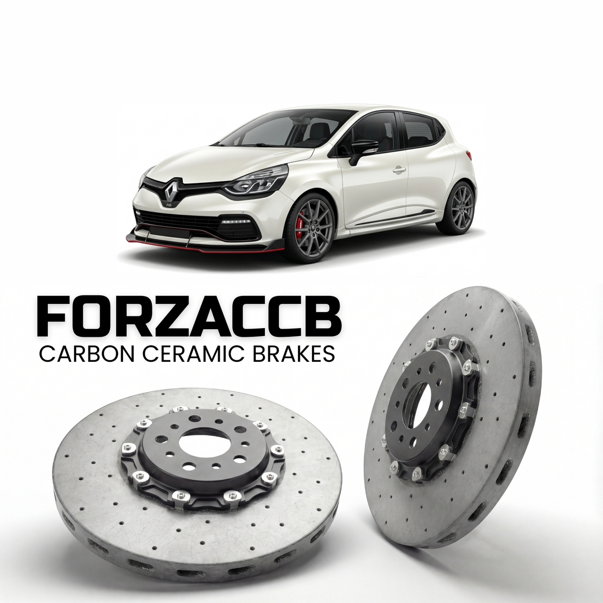 ForzaCCB direct OEM replacement carbon ceramic brake rotors for 2006 to 2018 Renault Clio RS models, shown with a white Renault Clio RS car.