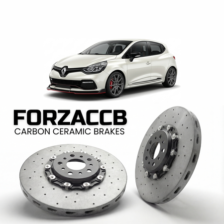 ForzaCCB direct OEM replacement carbon ceramic brake rotors for 2006 to 2018 Renault Clio RS models, shown with a white Renault Clio RS car.