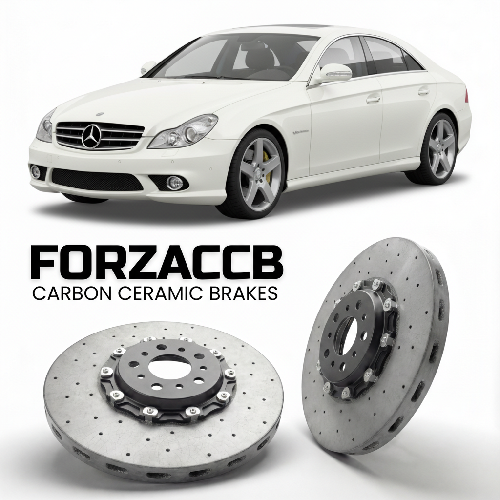 ForzaCCB direct OEM replacement carbon ceramic brake rotors for 2005 to 2006 Mercedes-Benz CLS 55 AMG C219 models, shown with a white Mercedes-Benz CLS 55 AMG car.