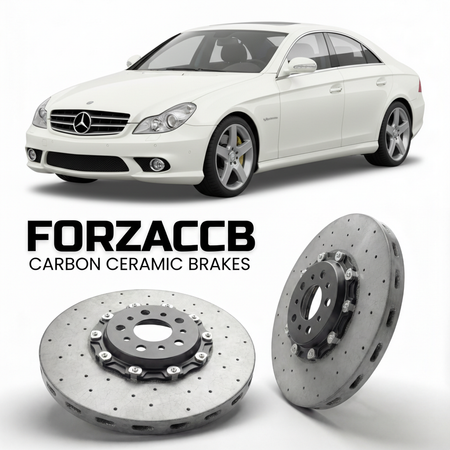 ForzaCCB direct OEM replacement carbon ceramic brake rotors for 2005 to 2006 Mercedes-Benz CLS 55 AMG C219 models, shown with a white Mercedes-Benz CLS 55 AMG car.