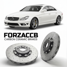 ForzaCCB direct OEM replacement carbon ceramic brake rotors for 2006 to 2010 Mercedes-Benz CLS 63 AMG C219 models, shown with a white Mercedes-Benz CLS 63 AMG car.