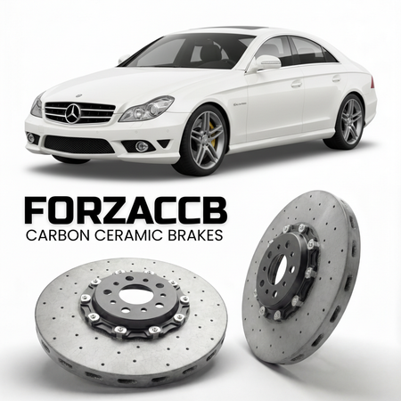 ForzaCCB direct OEM replacement carbon ceramic brake rotors for 2006 to 2010 Mercedes-Benz CLS 63 AMG C219 models, shown with a white Mercedes-Benz CLS 63 AMG car.