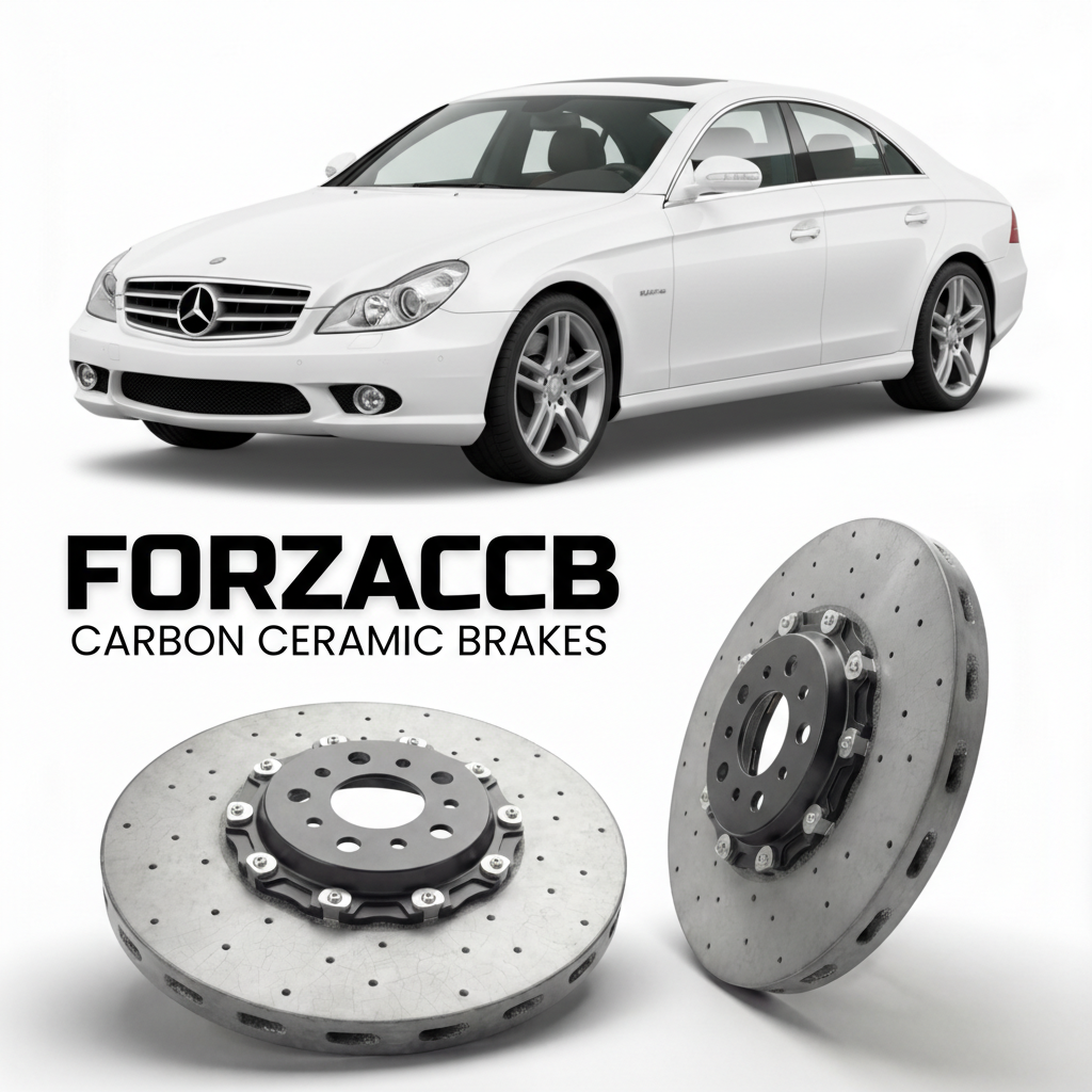 ForzaCCB direct OEM replacement carbon ceramic brake rotors for 2005 to 2010 Mercedes-Benz CLS-Class C219 models, shown with a white Mercedes-Benz CLS-Class car.